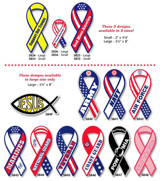Car ribbon magnets - support our troops, pink ribbon magnets, god bless america magnets, custom ribbon magnets